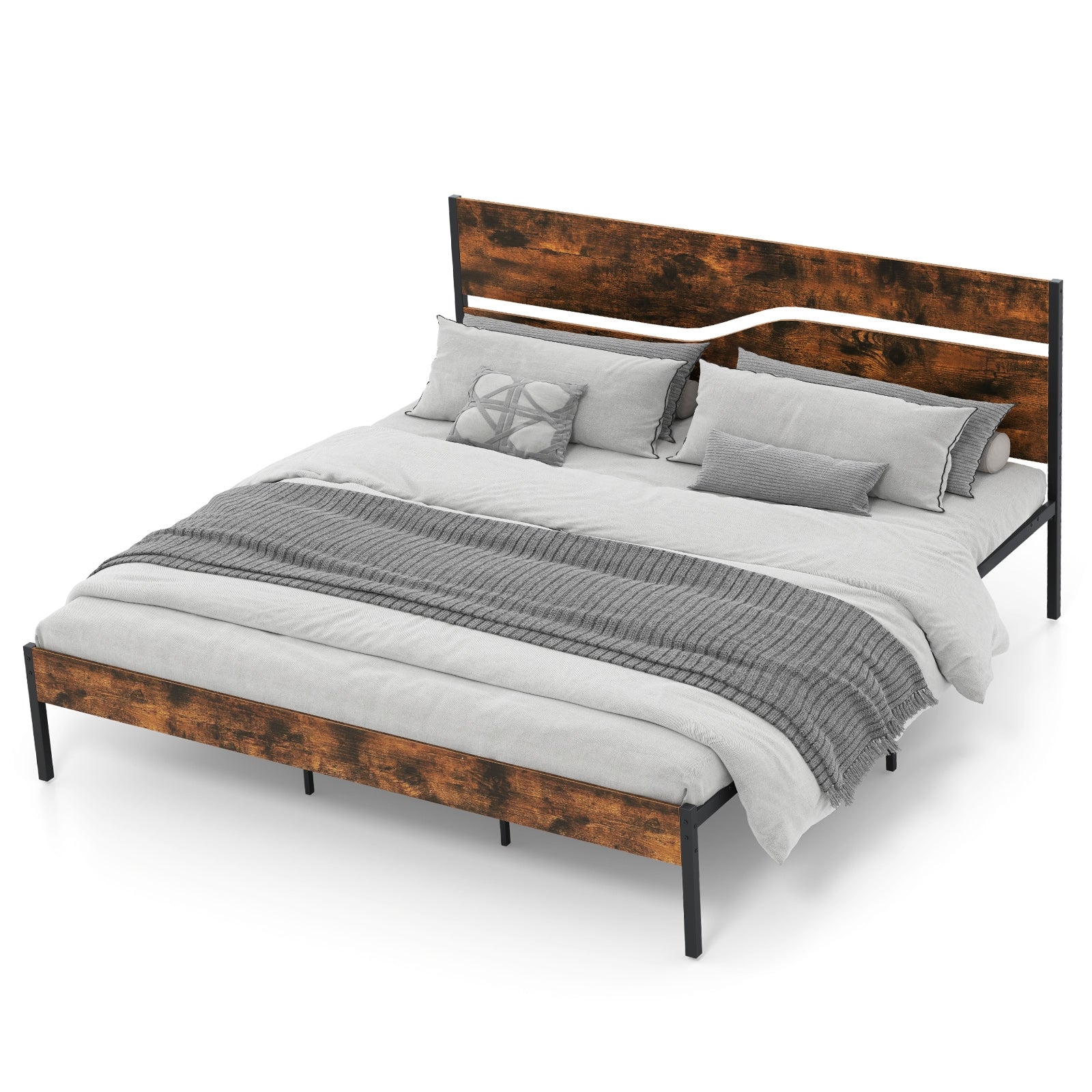 Twin/Full/Queen/King Metal Bed Frame with Wooden Headboard and Footboard-King Size, Rustic Brown Simple Bed Frame at Gallery Canada