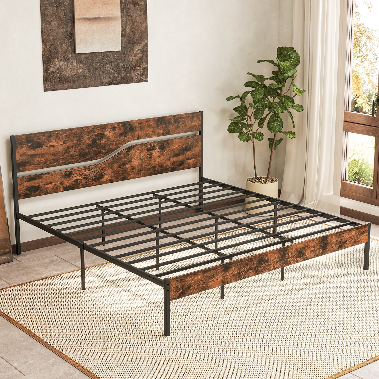 Twin/Full/Queen/King Metal Bed Frame with Wooden Headboard and Footboard-King Size, Rustic Brown Simple Bed Frame at Gallery Canada