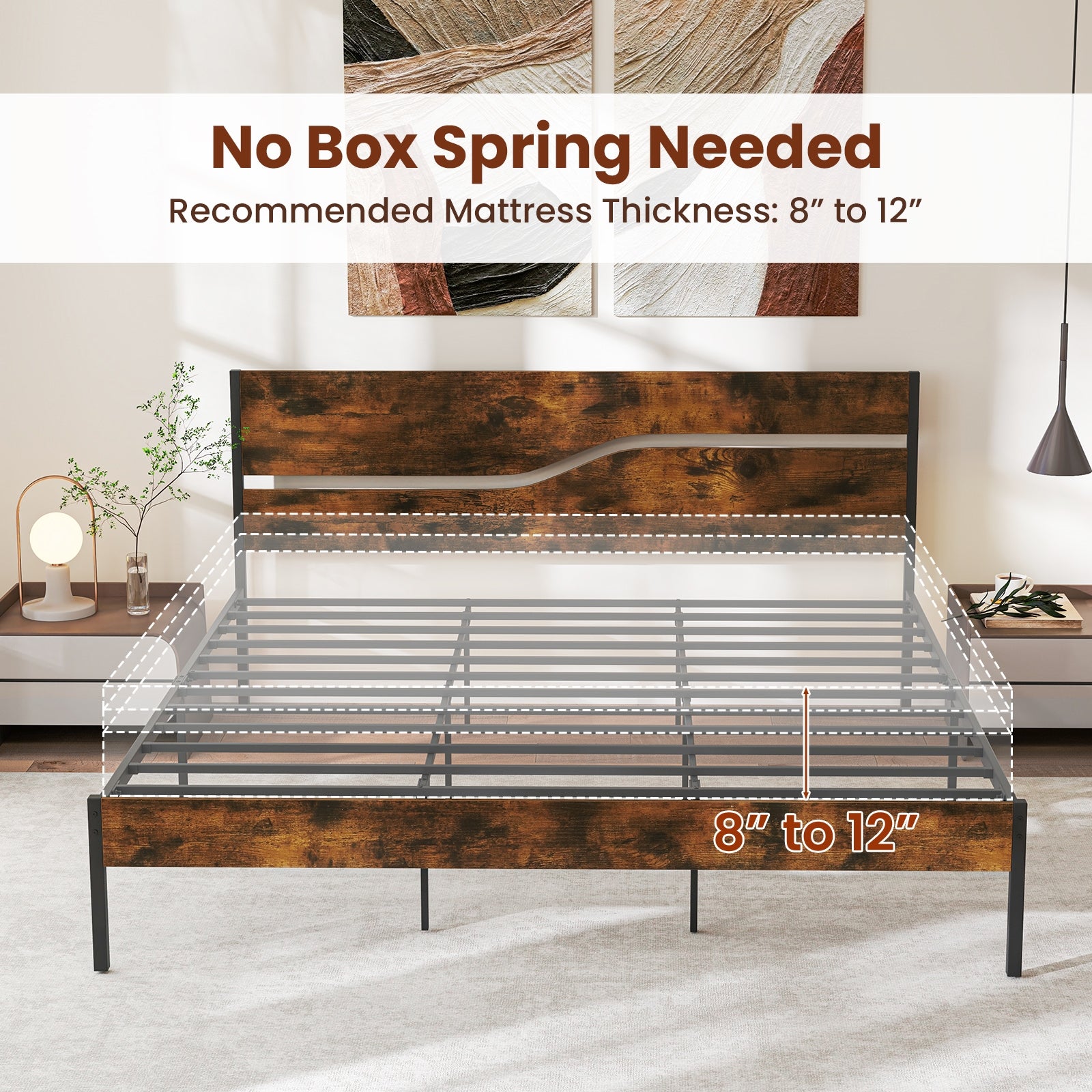 Twin/Full/Queen/King Metal Bed Frame with Wooden Headboard and Footboard-King Size, Rustic Brown Simple Bed Frame at Gallery Canada