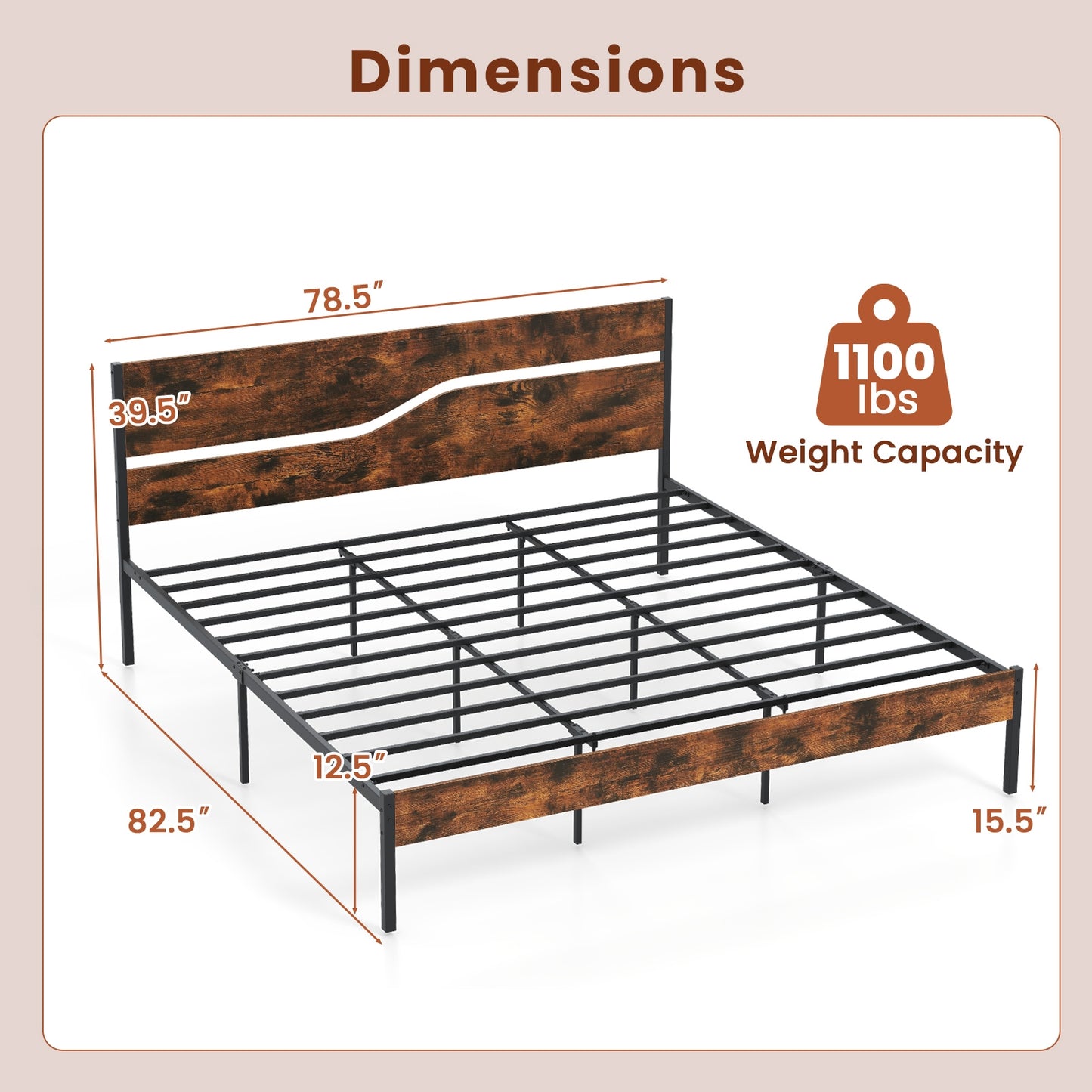 Twin/Full/Queen/King Metal Bed Frame with Wooden Headboard and Footboard-King Size, Rustic Brown Simple Bed Frame at Gallery Canada