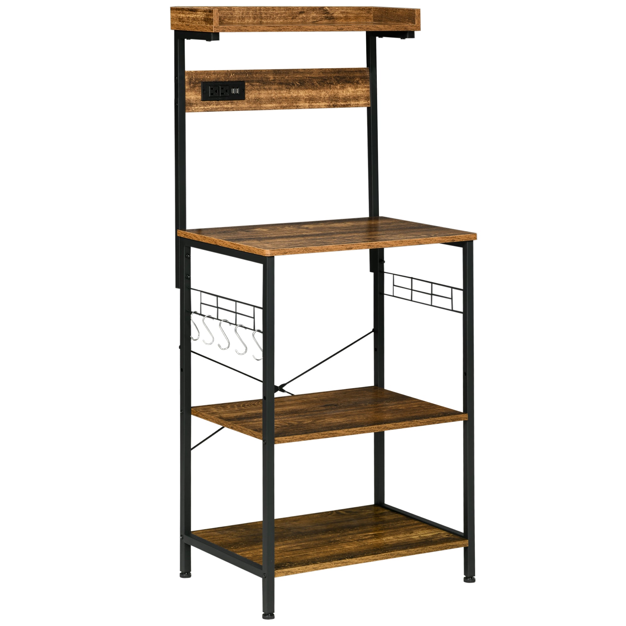Kitchen Bakers Rack with Power Outlet, USB Charger, Microwave Stand, Coffee Bar with Adjustable Shelves, 5 Hooks for Spices, Pots and Pans, Rustic Brown - Gallery Canada