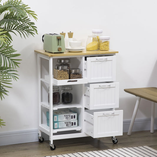 Kitchen Cart, Kitchen Island Coffee Bar Cart on Wheels with Wooden Top, Utility Trolley with 3 Storage Drawers, 2 Shelves, Removable Tray for Dining Room, White - Gallery Canada