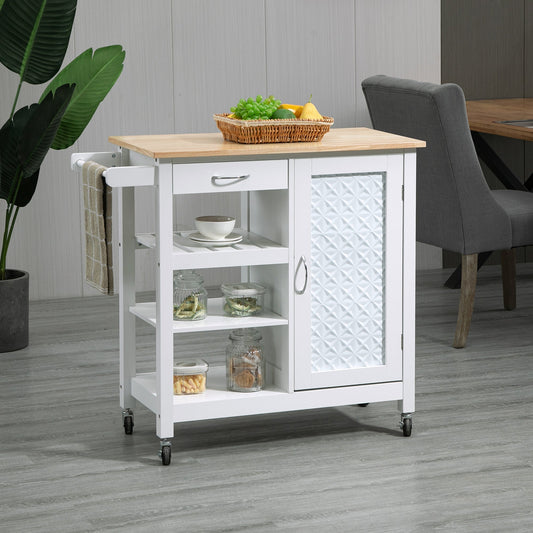 Kitchen Cart on Wheels with Embossed Door Panel, Utility Kitchen Island with Storage Drawer, White - Gallery Canada