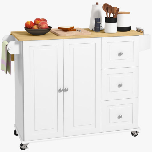 Kitchen Island with Drop Leaf, Rolling Kitchen Cart on Wheels with 3 Drawers, Cabinet, Natural Wood Top, Spice Rack and Towel Rack, White - Gallery Canada