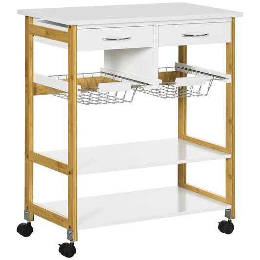 Kitchen Island with Storage, Bamboo Kitchen Cart on Wheels with 2 Drawers, 2 Metal Baskets, Open Shelves and Casters with Lock, Natural - Gallery Canada