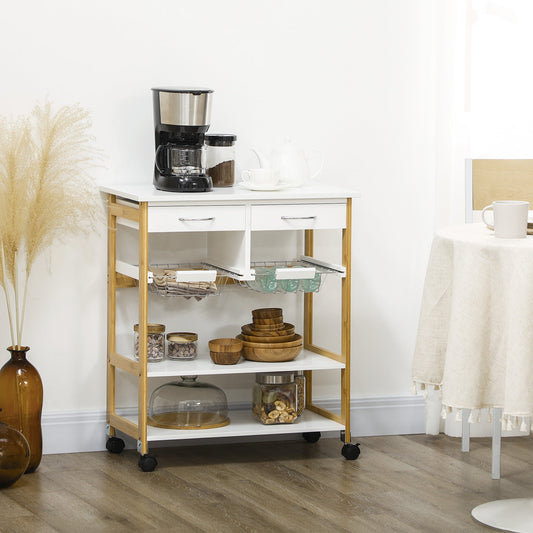 Kitchen Island with Storage, Bamboo Kitchen Cart on Wheels with 2 Drawers, 2 Metal Baskets, Open Shelves and Casters with Lock, Natural - Gallery Canada