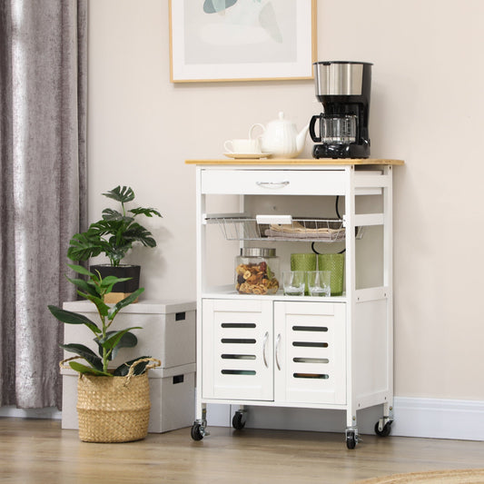 Kitchen Island With Storage, Kitchen Cart on Wheels with Bamboo Table Top, Cabinet, Drawer and Wire Basket, White - Gallery Canada