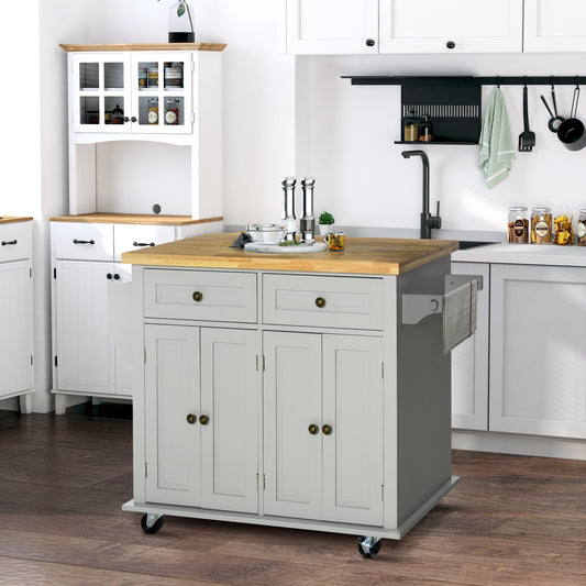 Kitchen Island with Storage, Rolling Trolley Cart with Rubber Wood Top, Spice Rack, Towel Rack, Grey - Gallery Canada