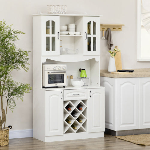 Kitchen Pantry Cabinet, with Hutch, Utility Drawer, 4 Door Cabinets and 6-Bottle Wine Rack, White
