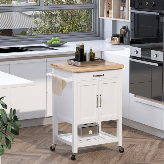 Kitchen Storage Cabinet Trolley Serving Cart Rubber Wood top Rolling Kitchen Island with Towel Rack and Drawer White - Gallery Canada