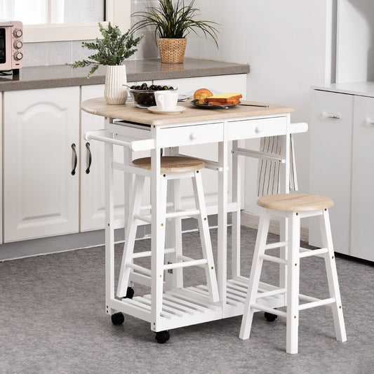 Kitchen Trolley 3 Piece Kitchen Cart Set Drop Leaf Breakfast Table and 2 Stools w/ Rolling Wheels &; Towel Bars, Wood &; White - Gallery Canada