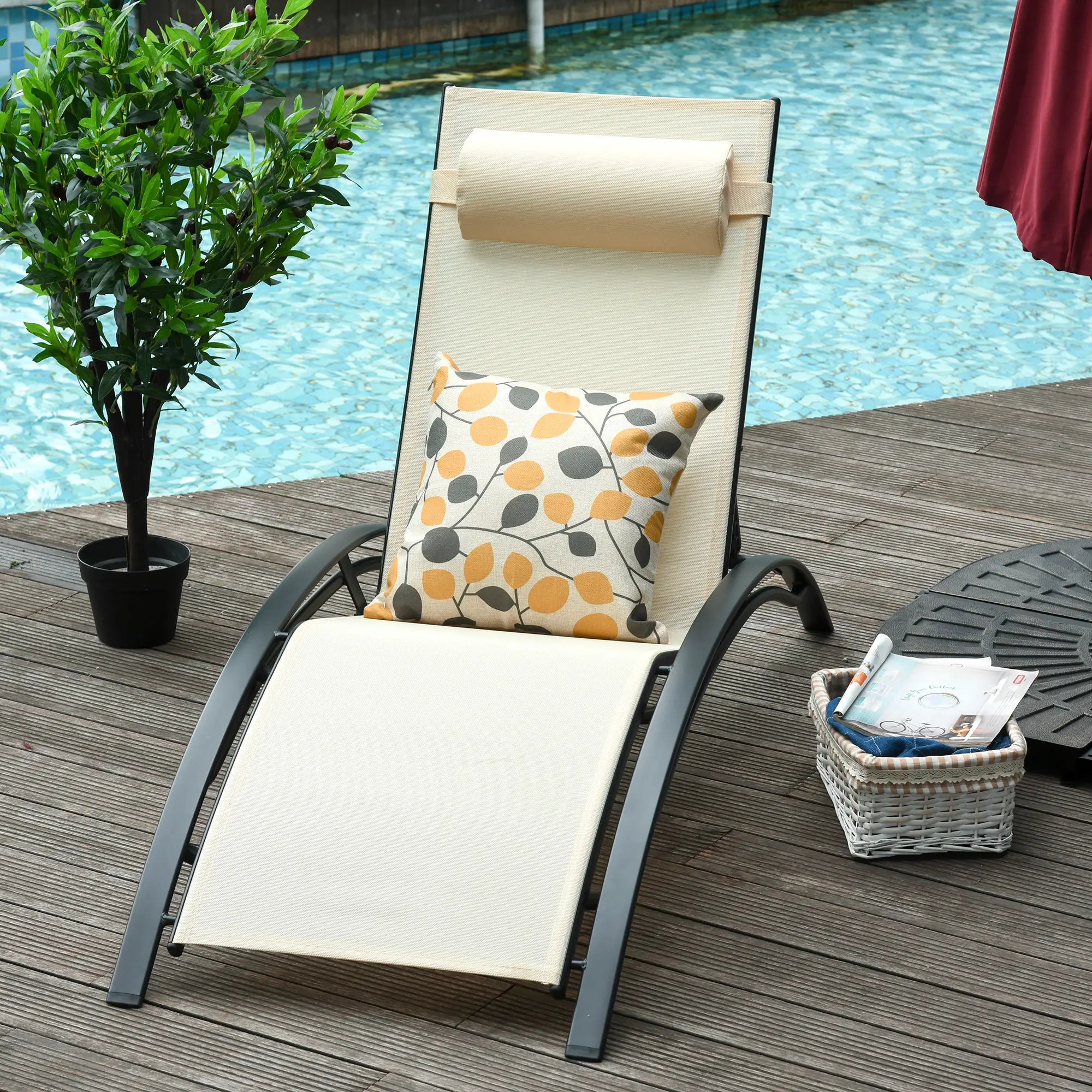 Aluminum Reclining Lounge Chair, 5-Level Adjustable Backrest, Beige Lounger Chairs at Gallery Canada