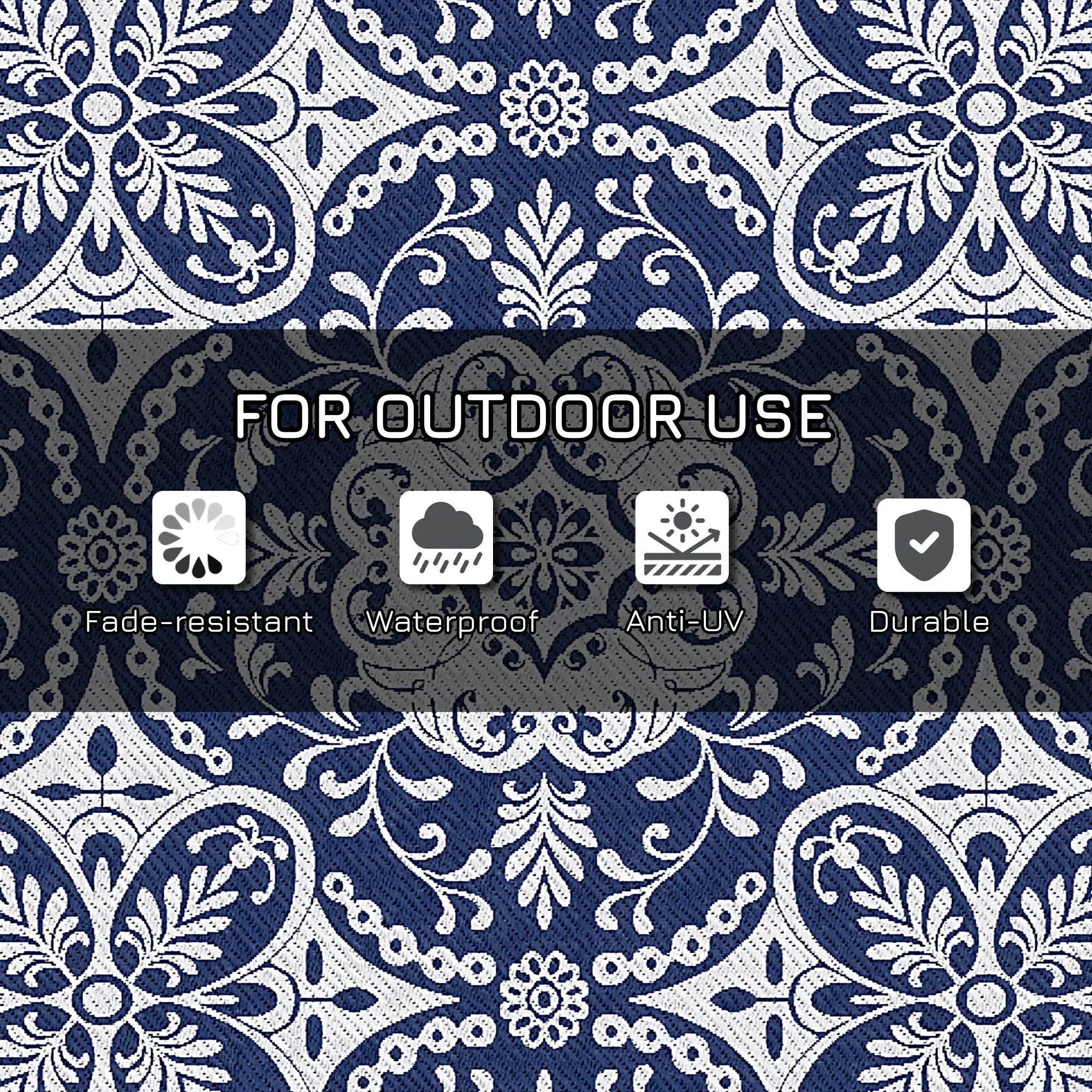 Portable Outdoor Rug, 9' x 18', Waterproof, White Flower, Blue Outdoor Reversible Rugs at Gallery Canada
