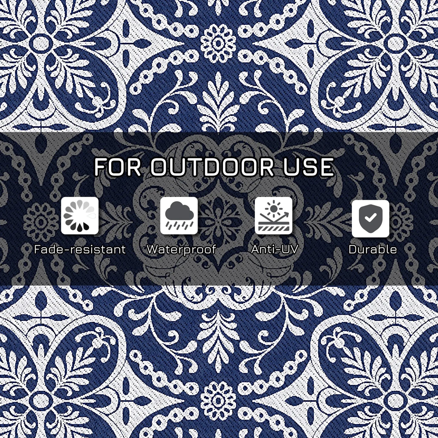 Portable Outdoor Rug, 9' x 18', Waterproof, White Flower, Blue Outdoor Reversible Rugs at Gallery Canada