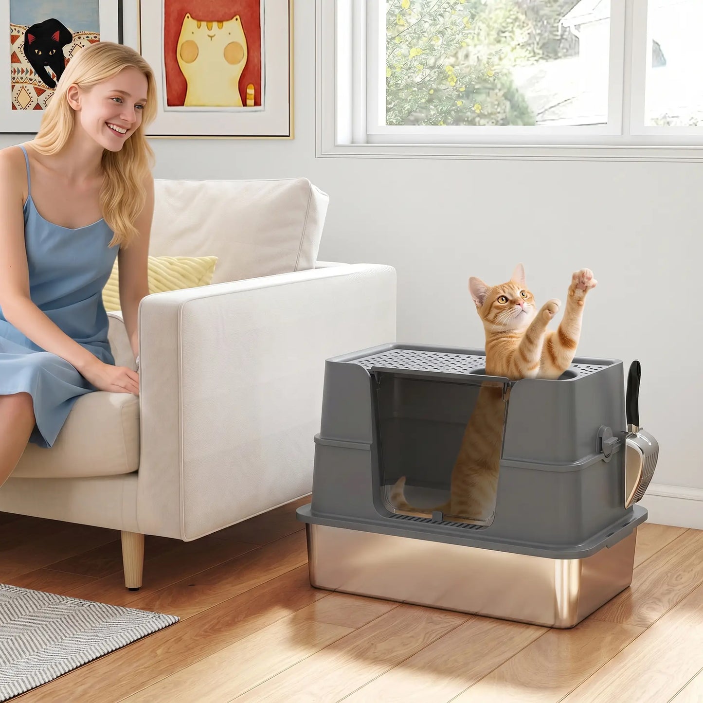 XL Stainless Litter Box With 100° Flip Top, Scoop, Dual Entry, Stainless