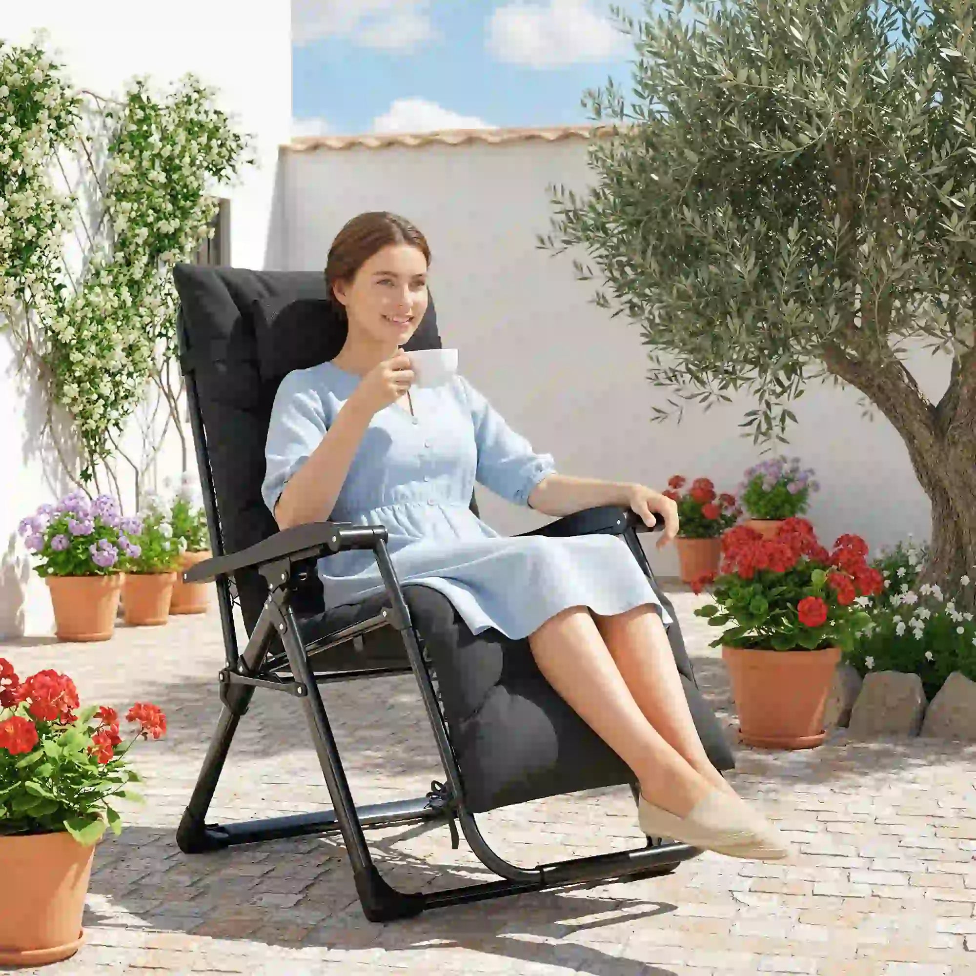Folding Reclining Zero Gravity Sun Lounger Chair, Black Lounger Chairs at Gallery Canada