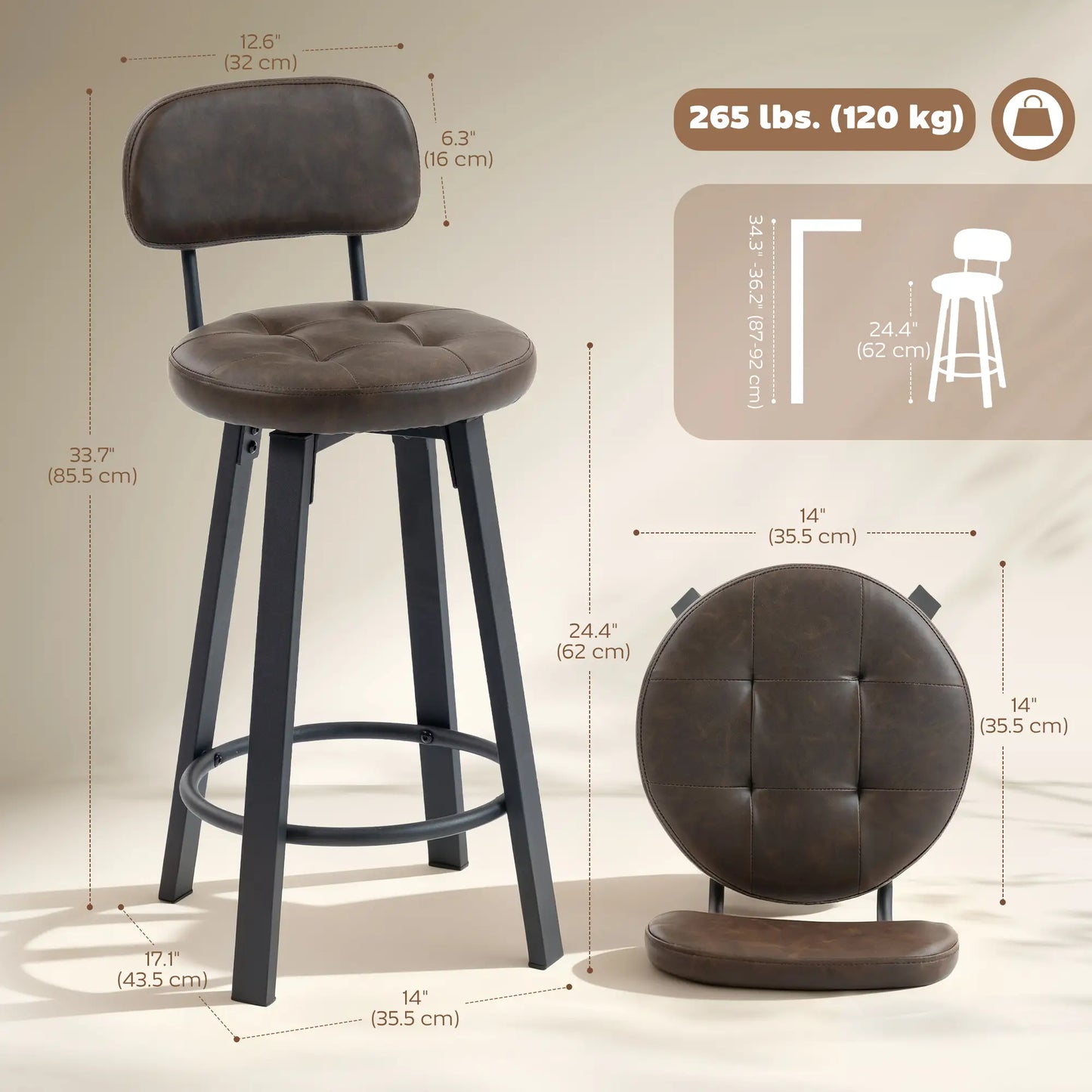 Upholstered Bar Stools Set Of 2, With Footrest And Backrest, Brown Bar Stools at Gallery Canada