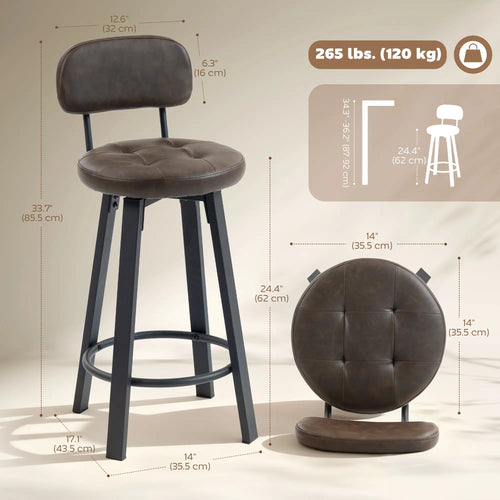Upholstered Bar Stools Set Of 2, With Footrest And Backrest, Brown