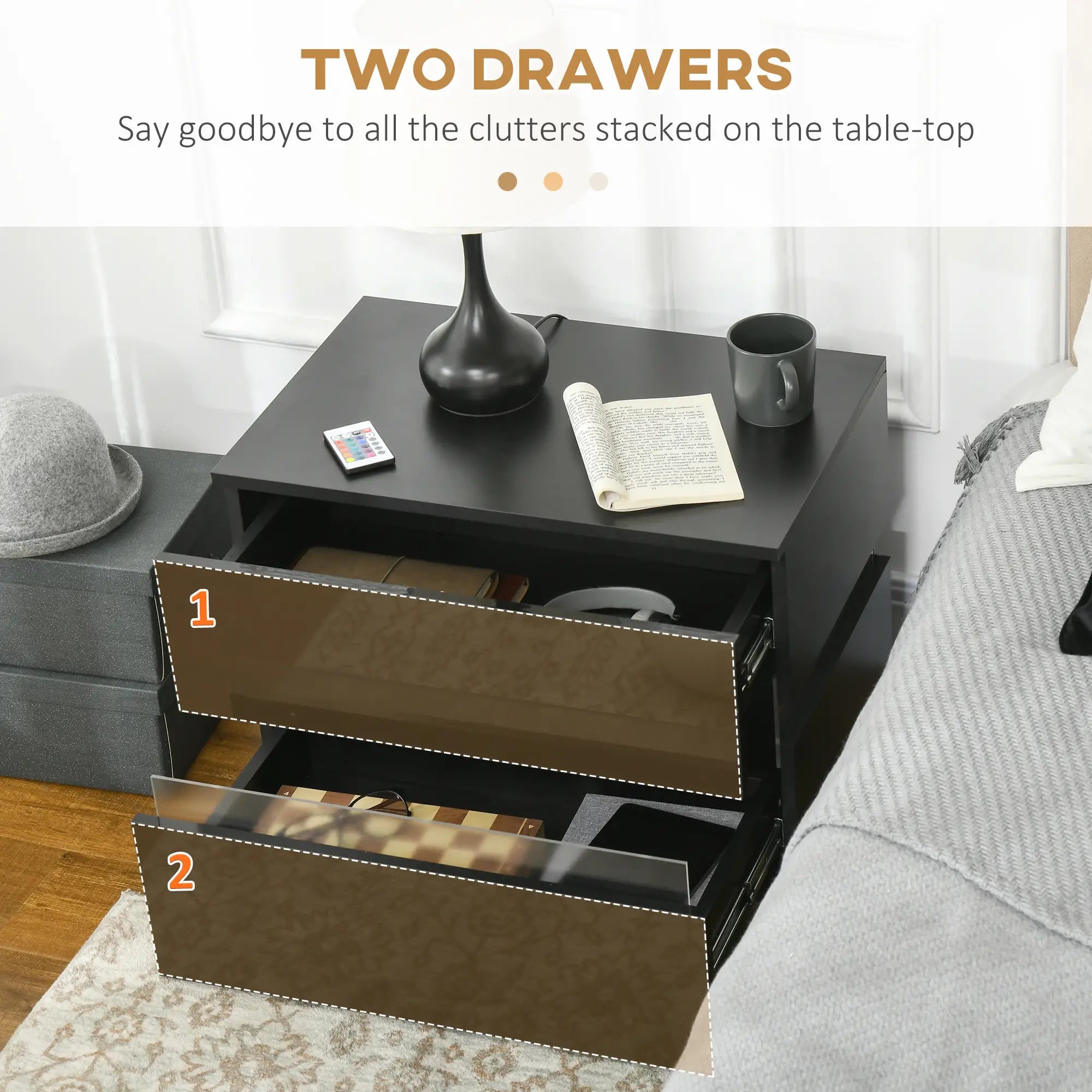 Modern Nightstand, 2 Drawers, USB RGB LED Lights, Remote, Black Bedside Tables at Gallery Canada