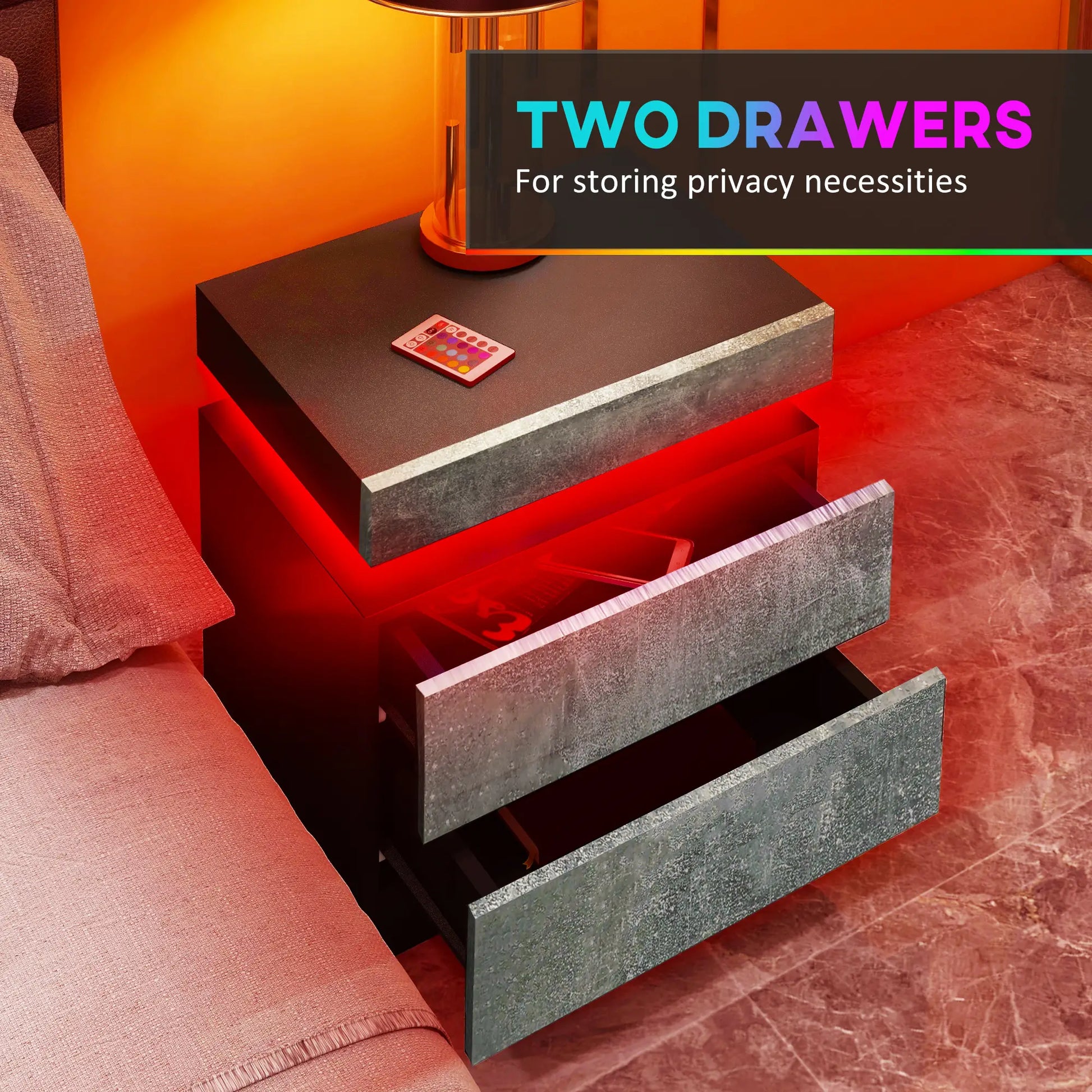 Nightstand, LED Lights, 2 Drawers, Cement Grey Bedside Tables at Gallery Canada
