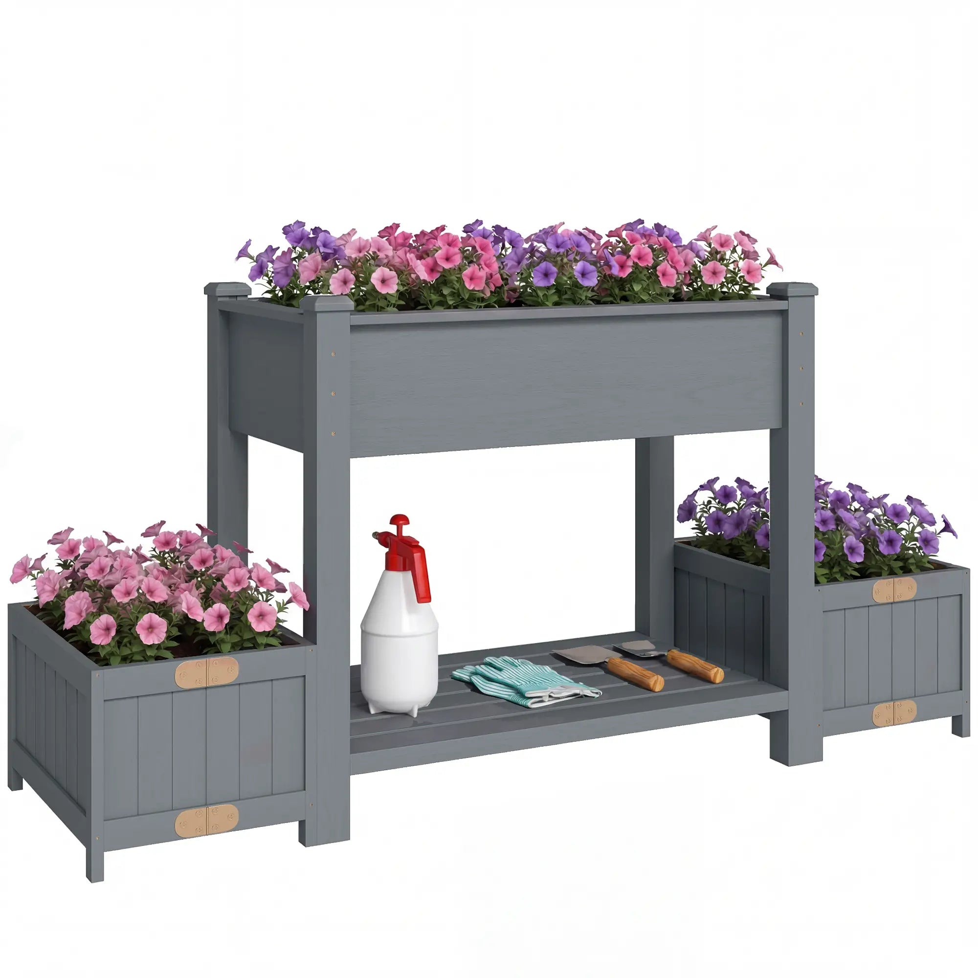 Wooden Raised Garden Bed, 2 Foldable Side Pots, Storage Shelf, Drainage Holes Elevated Garden Beds at Gallery Canada