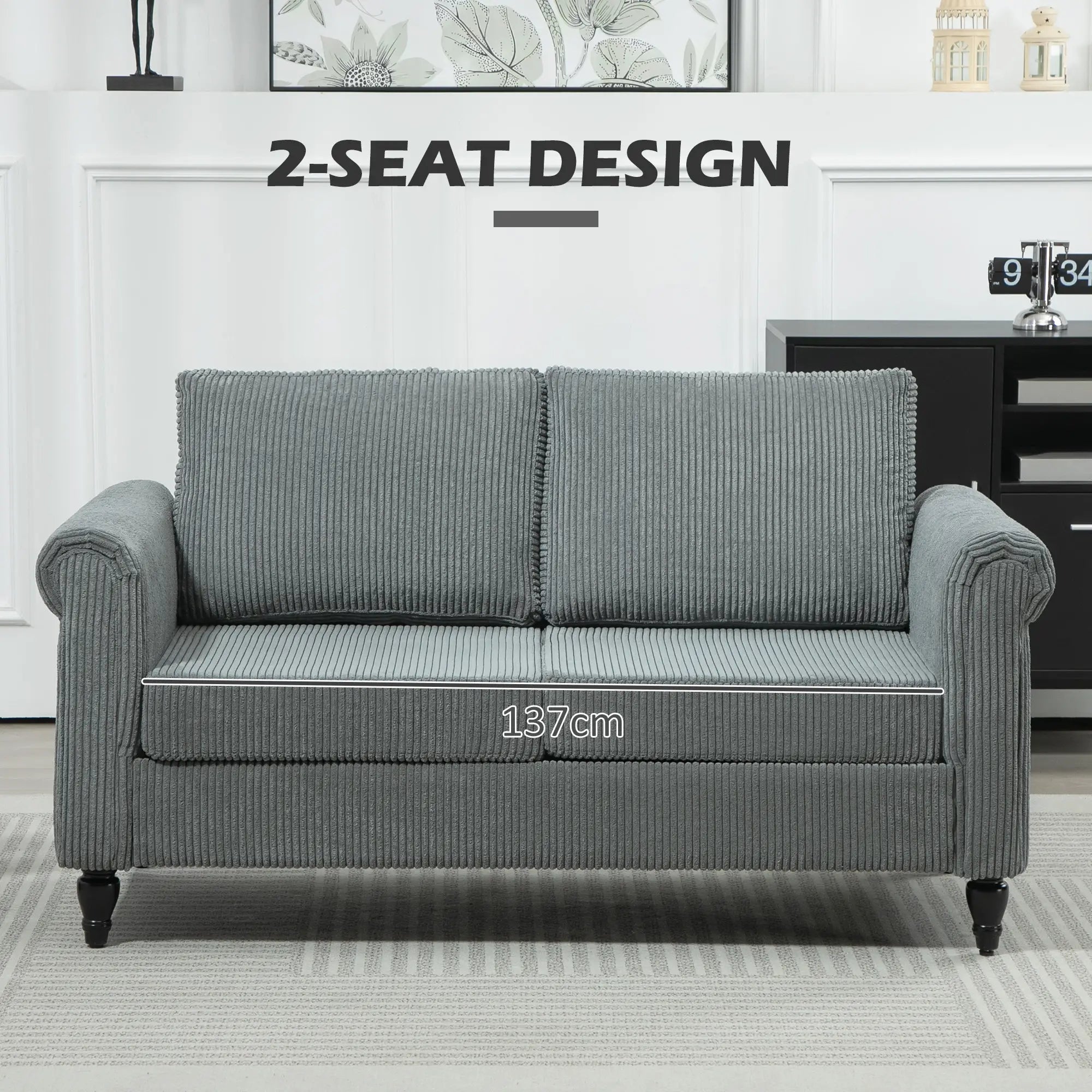 Vintage Loveseat, Fabric 2 Seater Sofa, Rolled Arms, Rubber Wood Legs, Grey 2-Seater Sofas at Gallery Canada