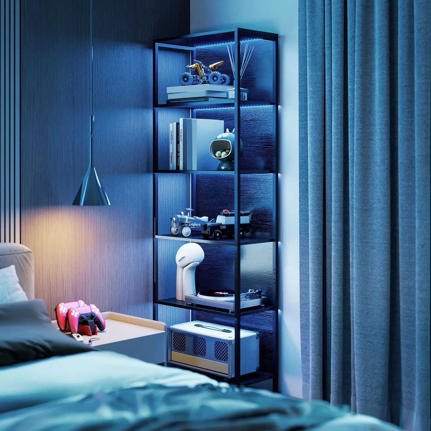 5-Tier Bookshelf With LED Lights, Metal Frame, Black