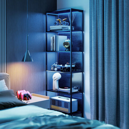 5-Tier Bookshelf With LED Lights, Metal Frame, Black
