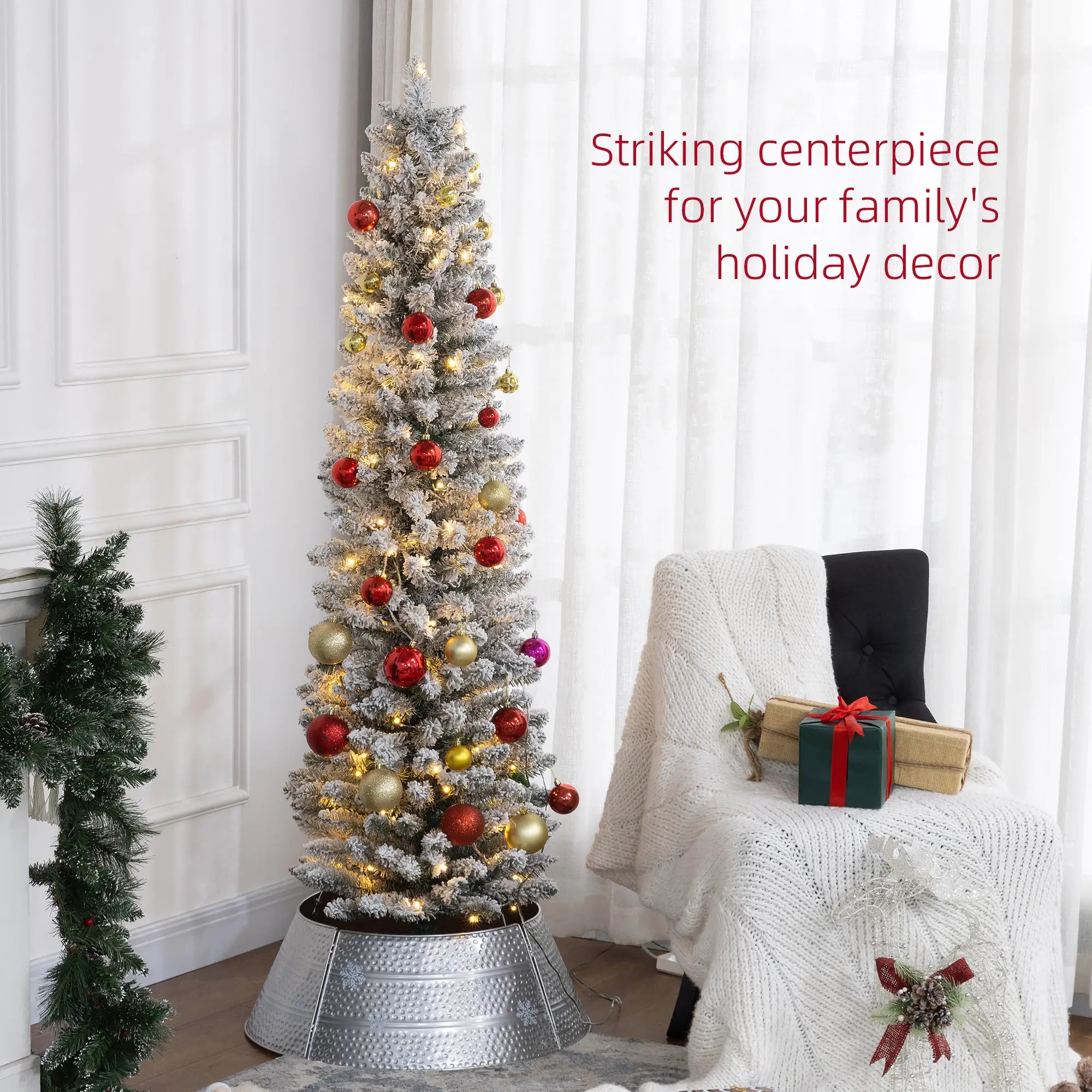 6ft Prelit Snow Flocked Christmas Tree, Metal Base, Warm White LED Pre Lit Christmas Trees at Gallery Canada