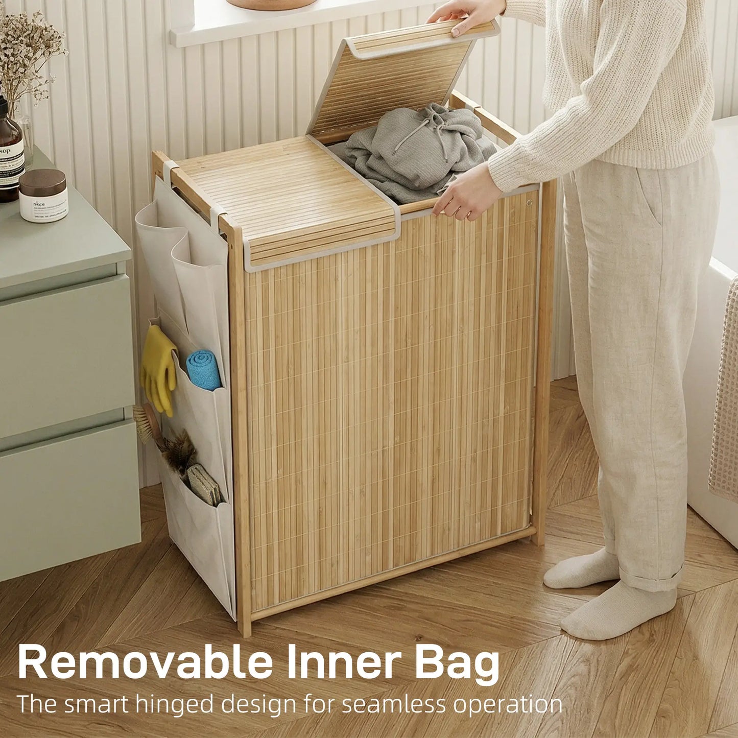 Bamboo Laundry Hamper with Removable Drawstring Bag and Side Storage Pockets, 32 Gal, Natural Bath Accessories at Gallery Canada