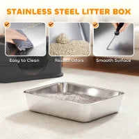 Stainless Steel Cat Litter Box with Lid, High Sided, Scoop