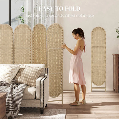 6 Panel Bohemian Privacy Screen, Arched Top Room Divider, Natural Wood