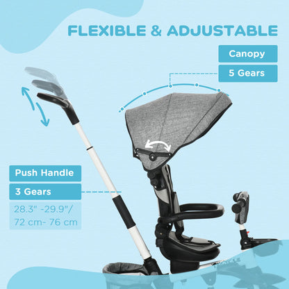 6-in-1 Toddler Tricycle, Adjustable Seat, Push Handle, Grey Tricycles for Kids at Gallery Canada