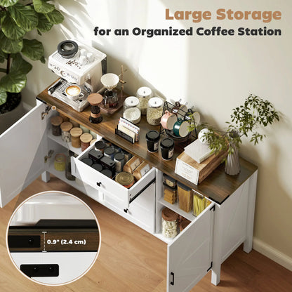 59" Buffet Cabinet, Farmhouse Sideboard, 2 Barn Doors, 4 Drawers, White Storage Cabinets at Gallery Canada