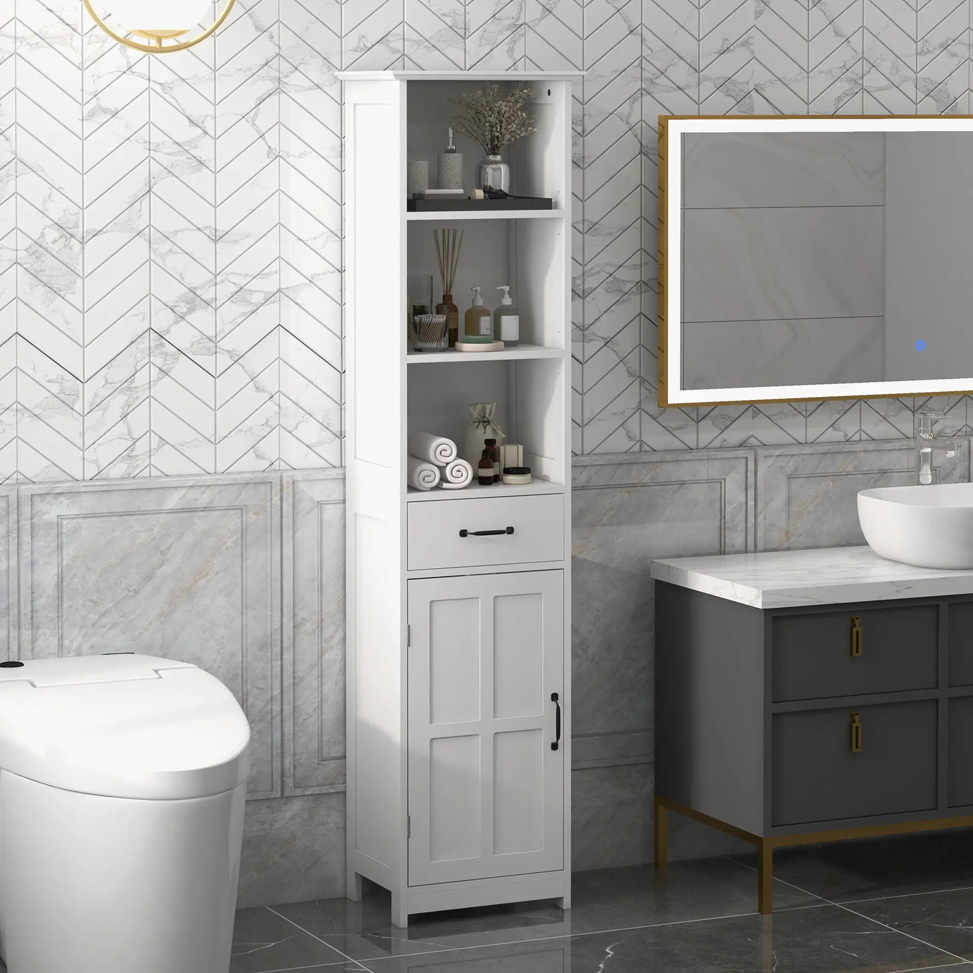Modern Bathroom Cabinet, 3 Open Shelves, Drawer, Adjustable Shelf, White Bathroom Cabinets at Gallery Canada