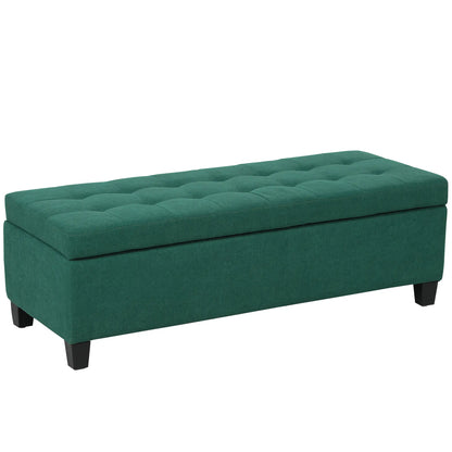Rectangular Entry Bench, Tufted Upholstered Linen, Wood Feet, Dark Green Storage Ottomans & Benches at Gallery Canada