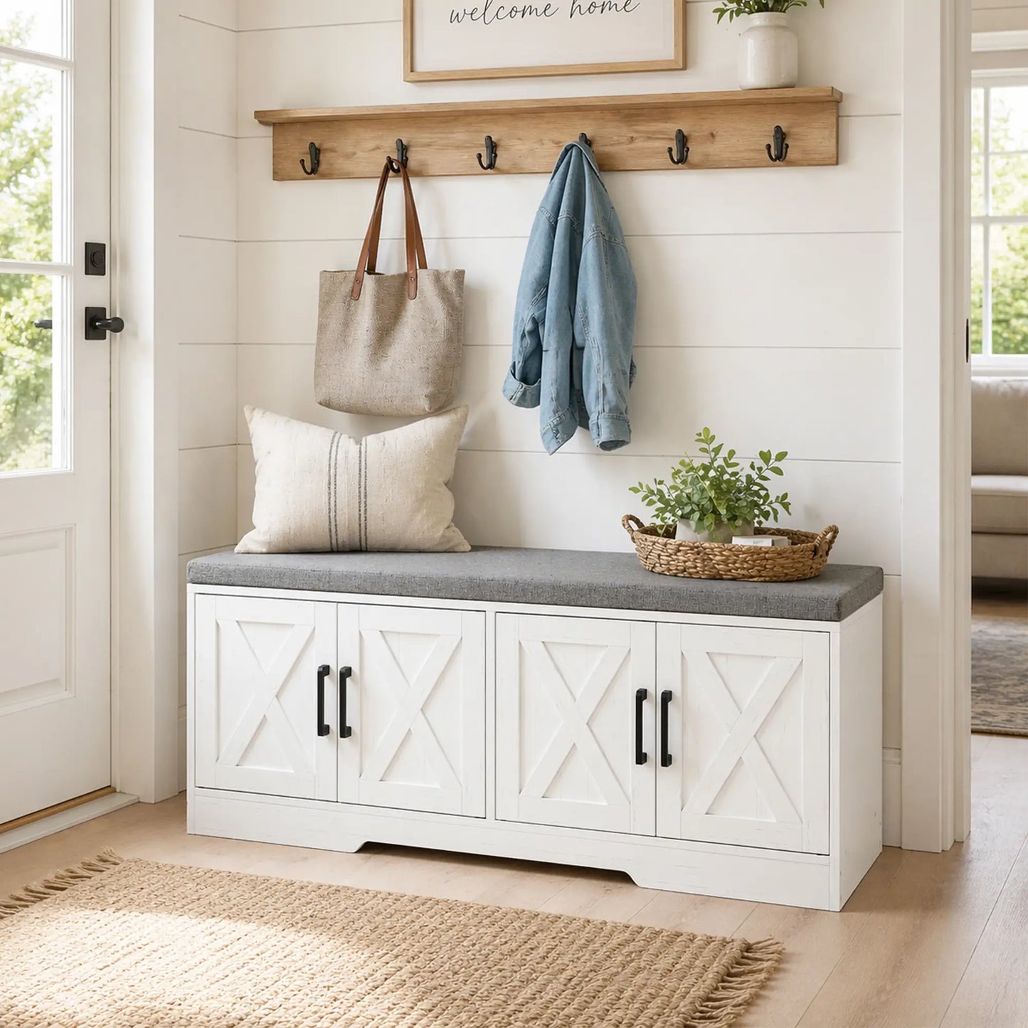 Shoe Bench With Cushion, Adjustable Shelves, White
