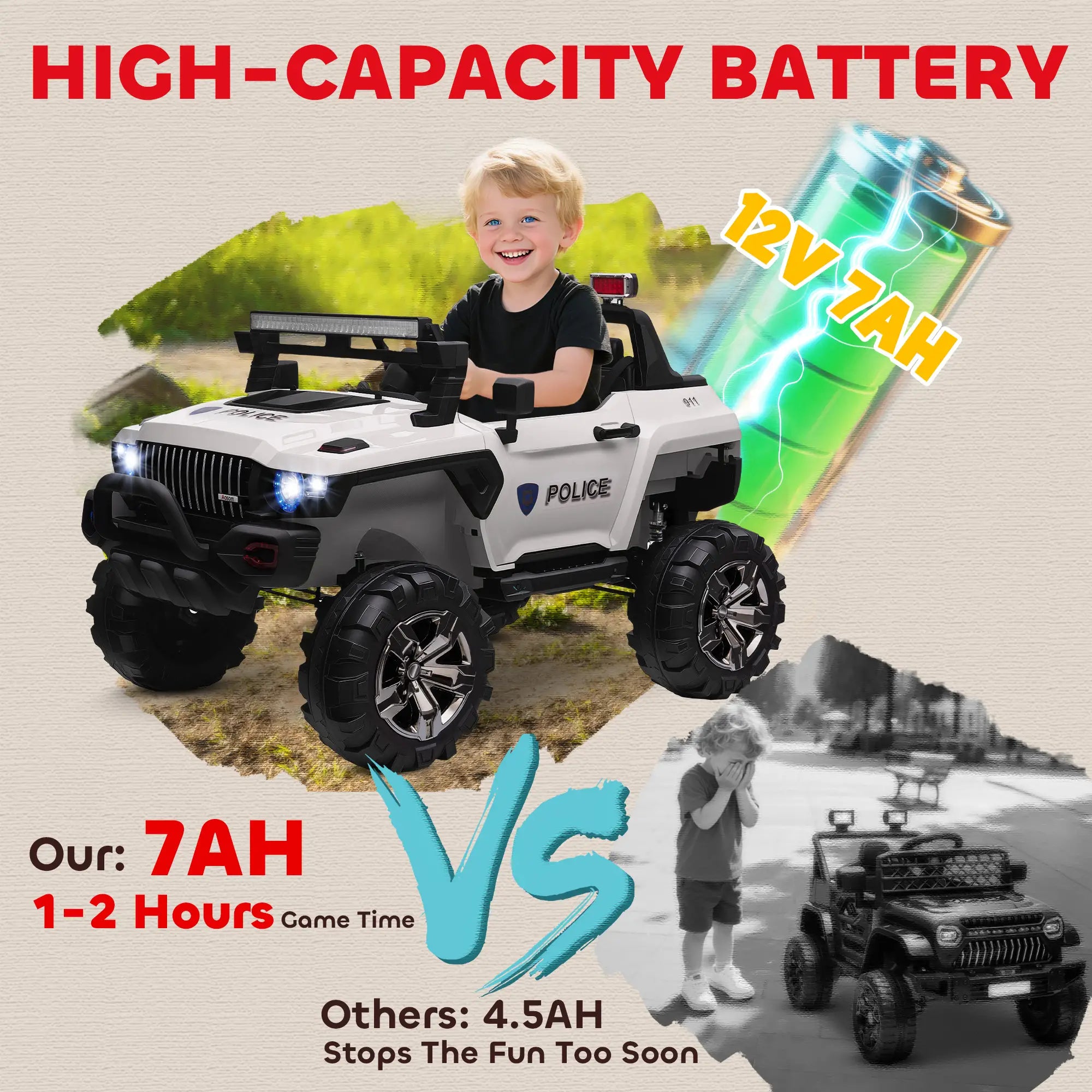 Kids Ride On Car 12V RC 2 Seater Police Truck, White Electric Toy Cars at Gallery Canada