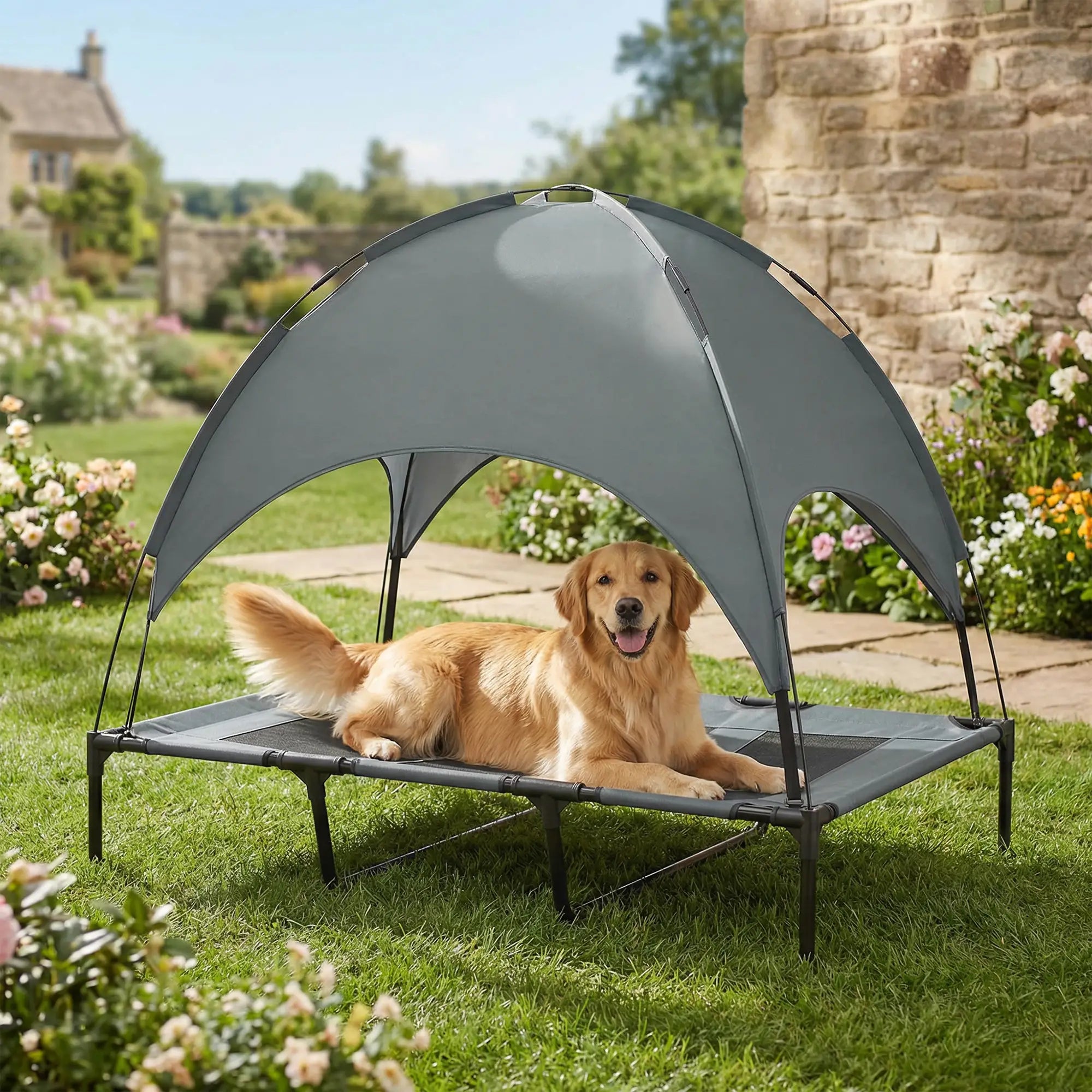 Elevated Dog Bed with Canopy, Portable XL Dog Cot, 48