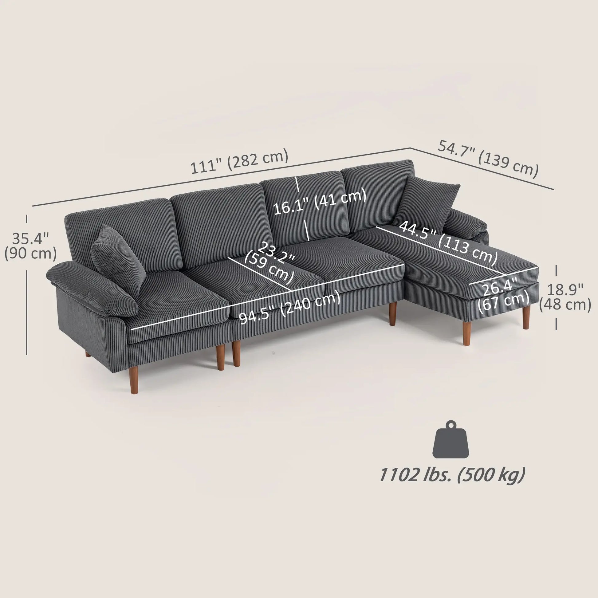 L-Shape Sofa, Modern Sectional Couch with Chaise, Dark Grey 3-Seater Sofas at Gallery Canada