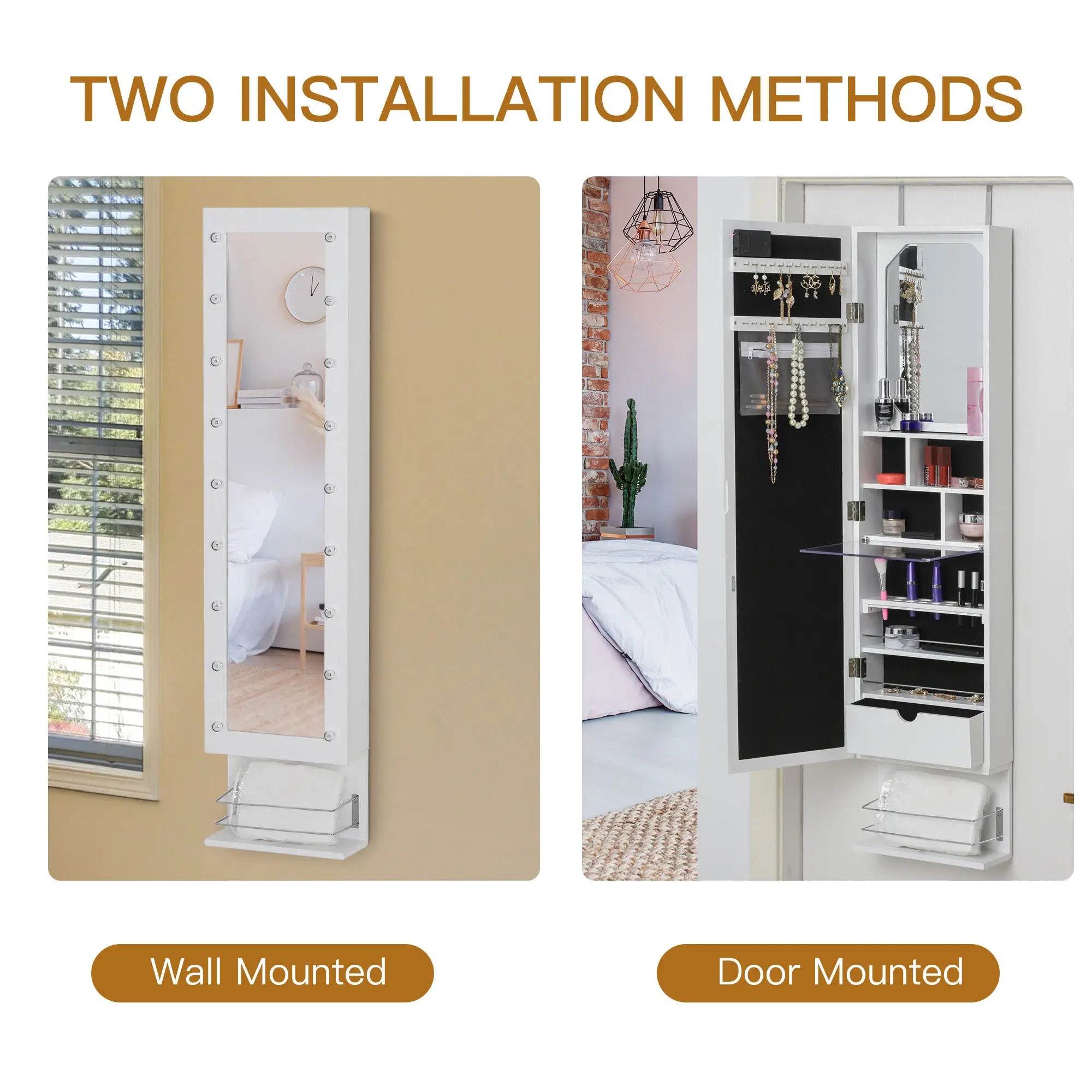 Mirror Jewelry Cabinet, LED Lights, Wall Mount, 3 Heights, Drawer, Shelf, White Jewelry Armoire & Jewellery Mirror Cabinets at Gallery Canada