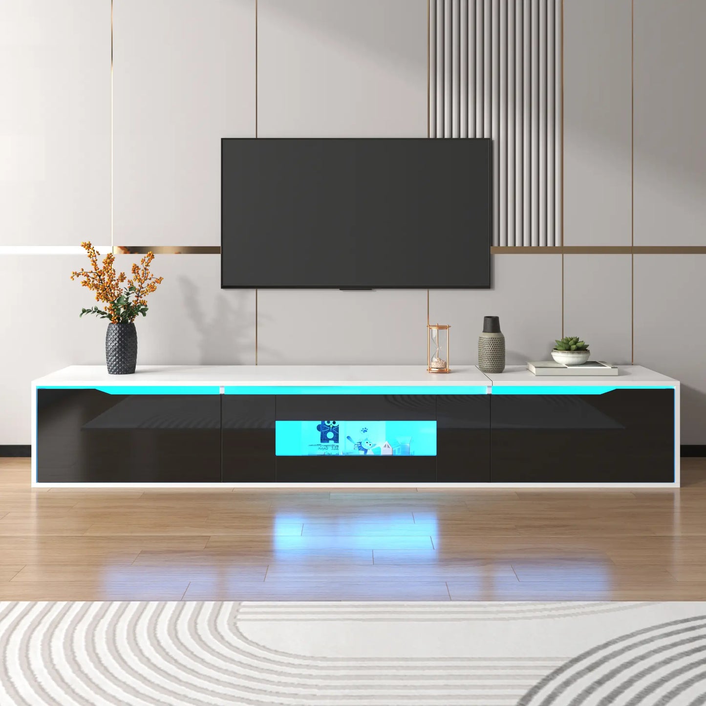 TV Stand With LED Lighting, 71" L x 12" W x 12" H, Black+White TV Stands at Gallery Canada