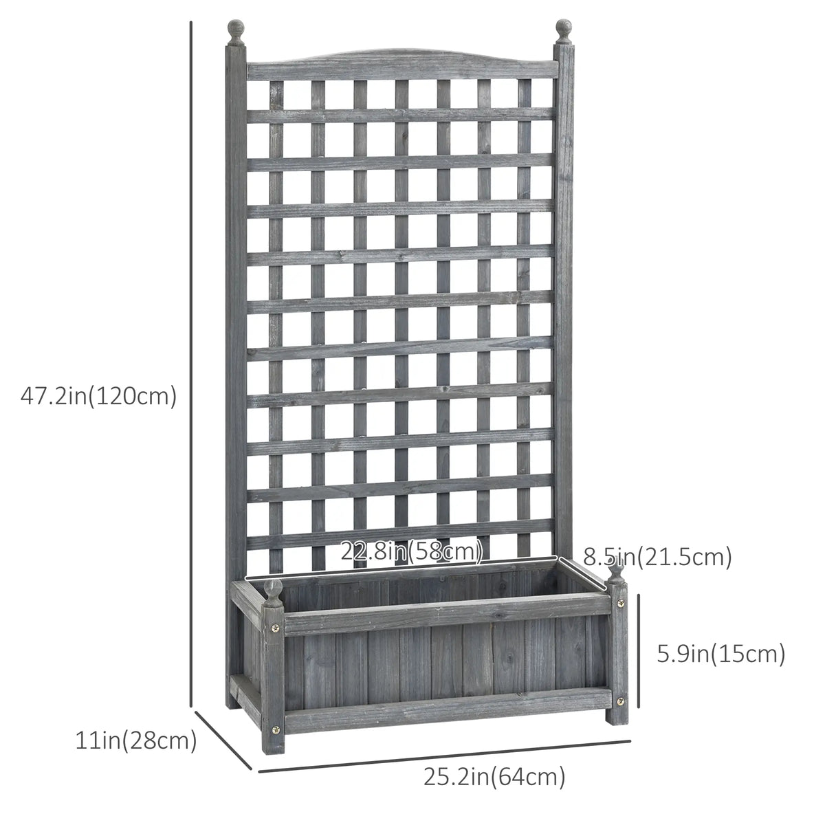 Lit de Jardin surélevé avec Treillis, Bac à Plantes en Bois, 25,2" x 11" x 47,2", Gris