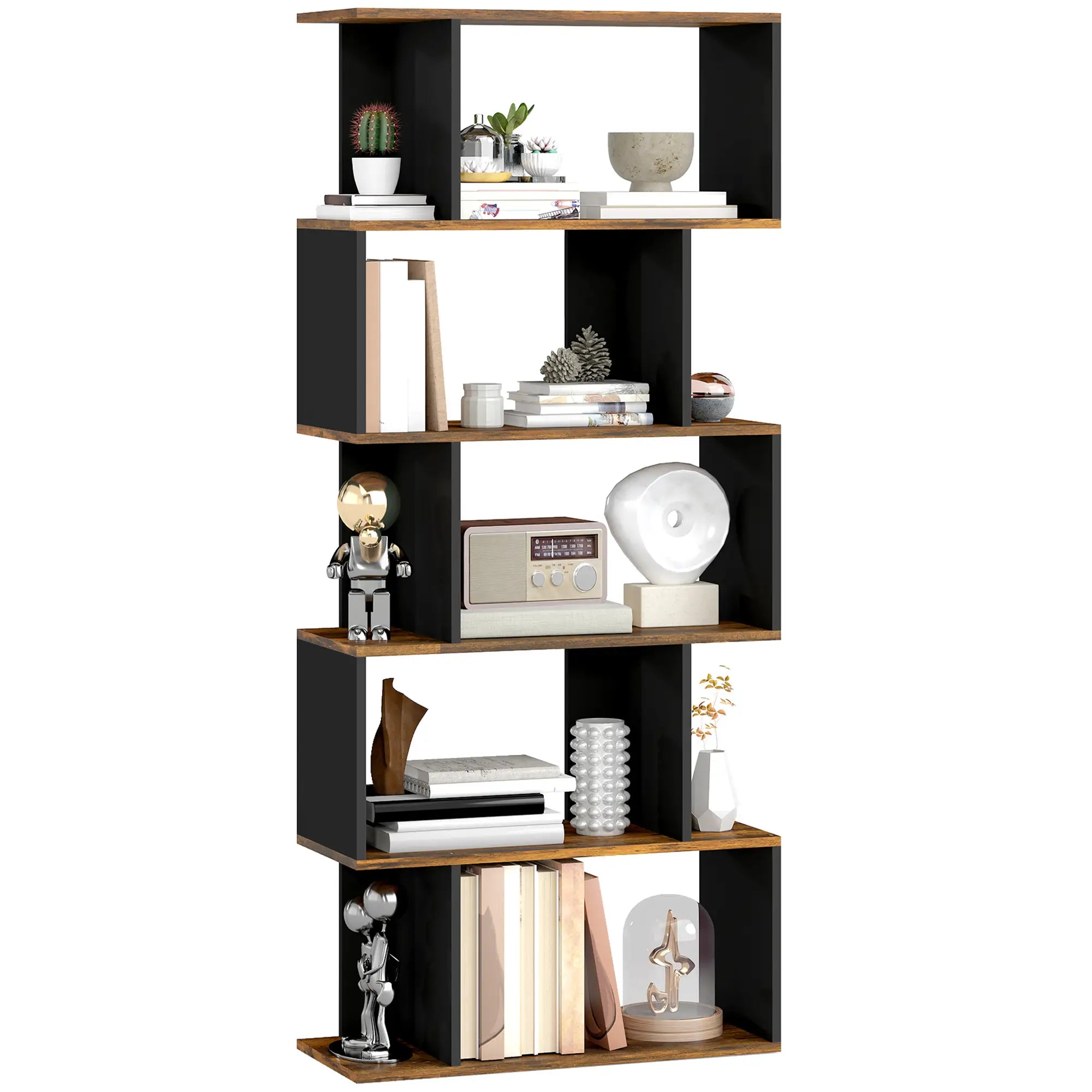 5 Tier Geometric S Shaped Bookcase, Tall Narrow Display Shelf, Rustic Brown Display Bookshelves at Gallery Canada