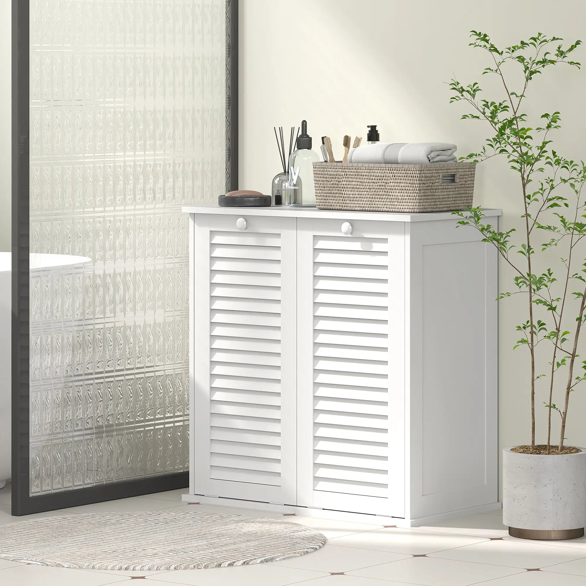 Tilt Out Laundry Cabinet, 2 Baskets, 2 Louvered Doors, White Bathroom Cabinets at Gallery Canada