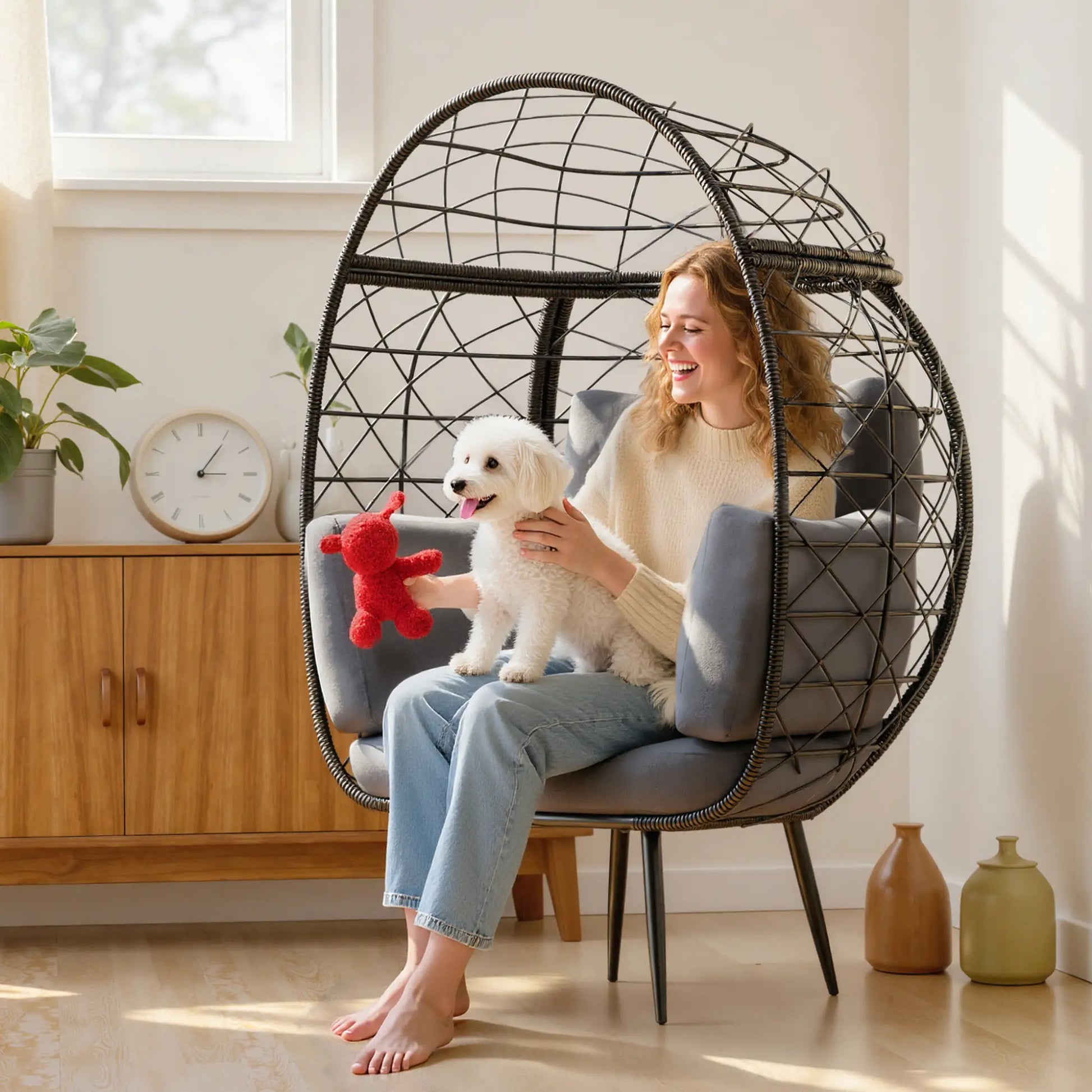 Rattan Egg Chair, Indoor Outdoor Lounger with Cushions, Cup Holder, Grey Patio Chairs at Gallery Canada