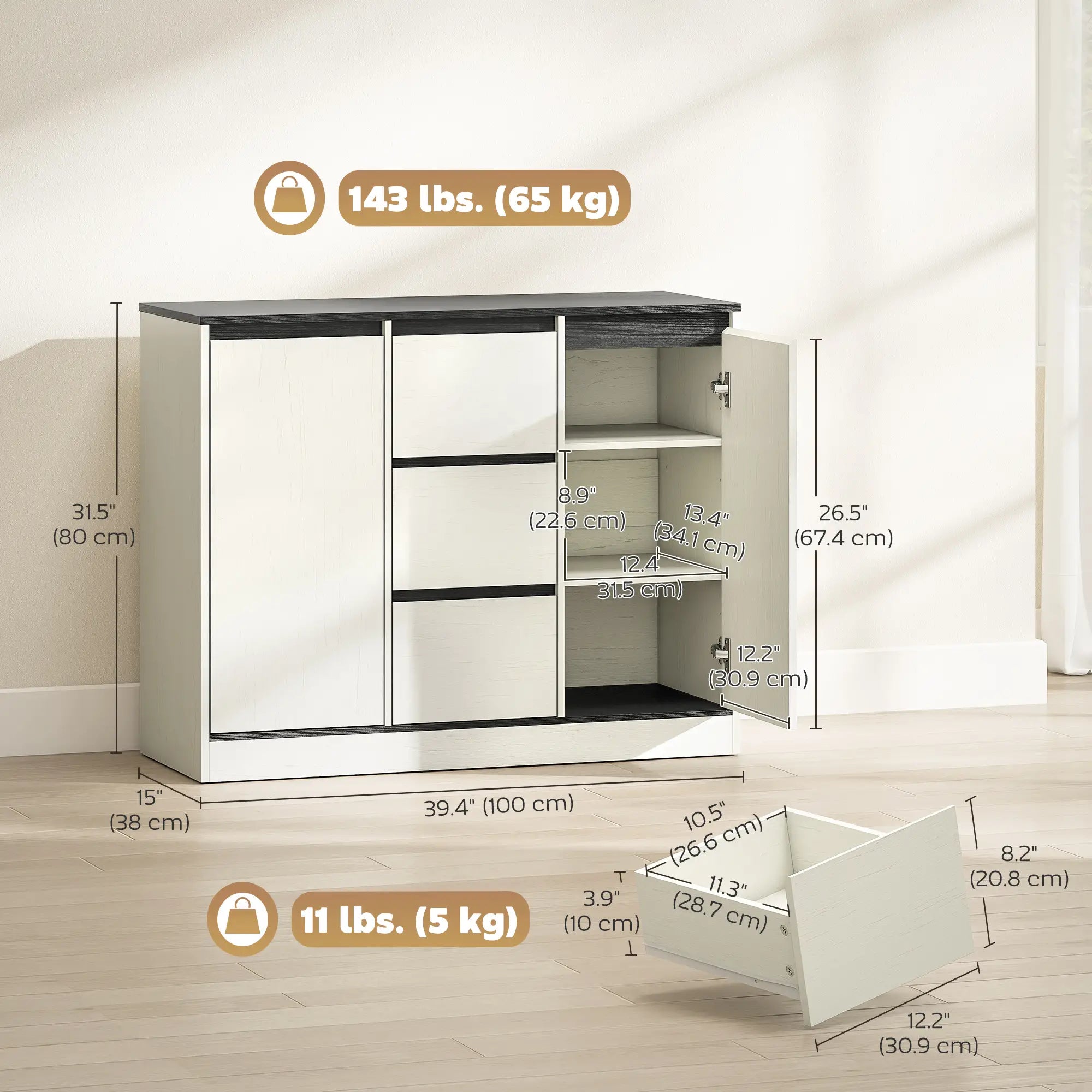 Buffet Cabinet, Soft Close Hinges, 3 Drawers, 2 Shelves, White Wood Grain Storage Cabinets at Gallery Canada