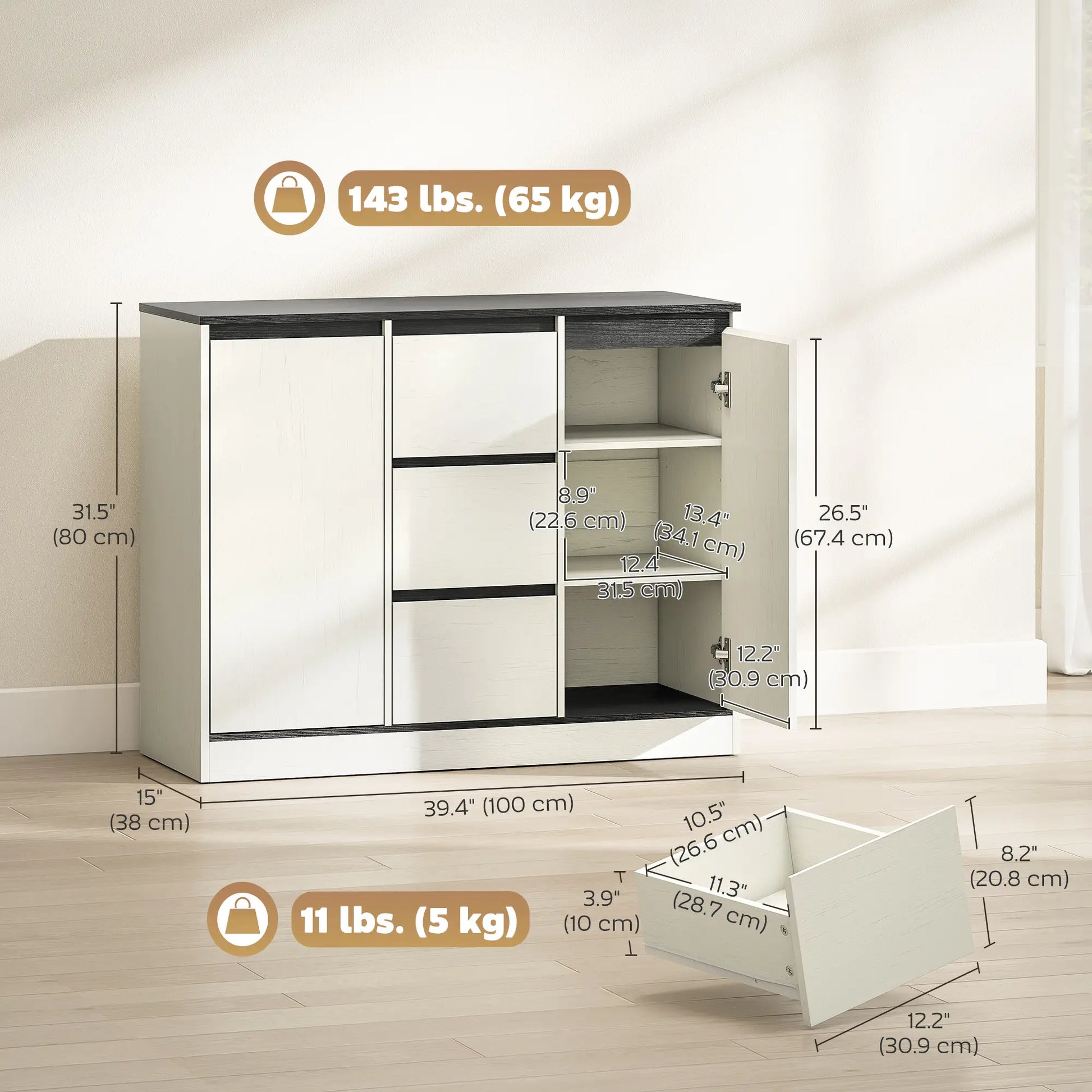 Buffet Cabinet, Soft Close Hinges, 3 Drawers, 2 Shelves, White Wood Grain Storage Cabinets at Gallery Canada