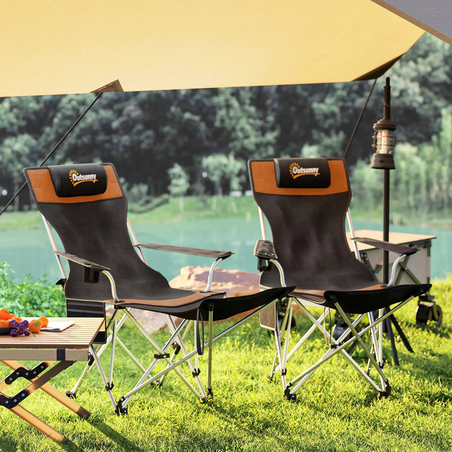 Reclining Camping Chair Set With Foot Rest, Headrest, Cup Holder, Storage Bag, Orange Picnic Tables & Camping Chairs at Gallery Canada
