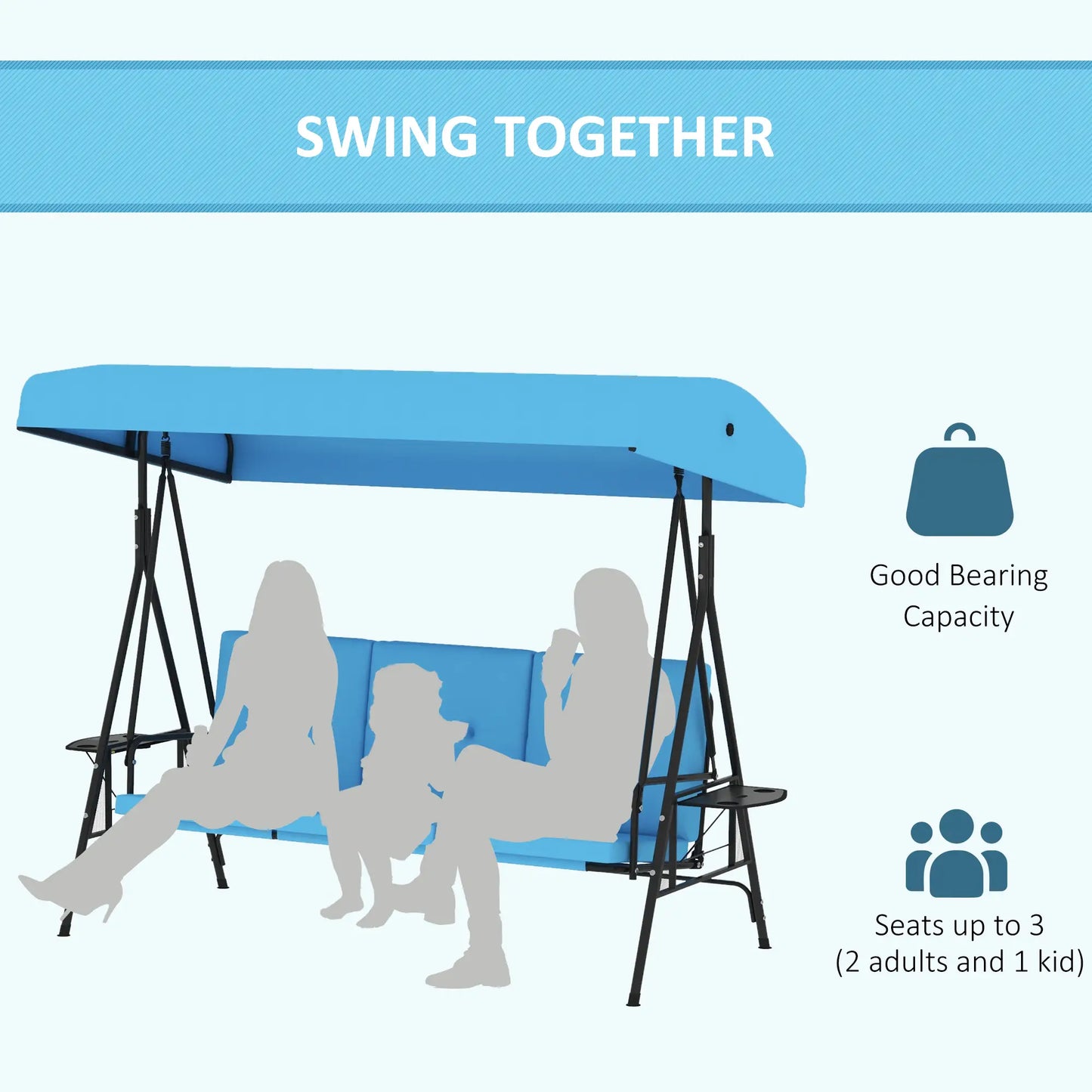 3-Seat Outdoor Porch Swing with Canopy, Side Tray, Cushion, Blue Patio Swings with Stand at Gallery Canada